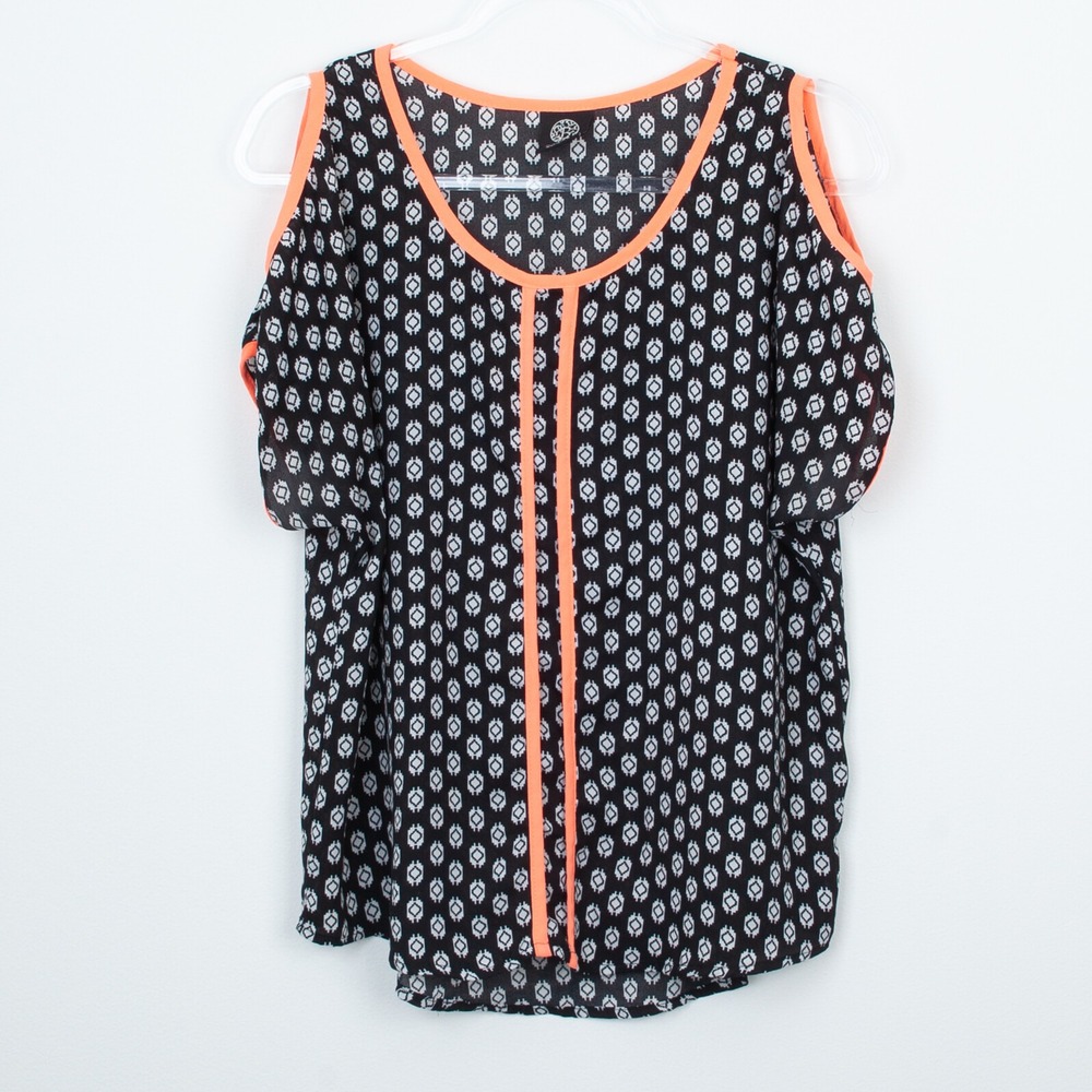 Bobeau Womens Geometric Cold Shoulder Top Size S Short Sleeve Black Artsy Office